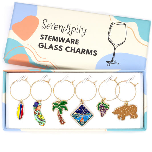 Serendipity California Wine Glass Charms Set Stemware Charms for Wine Lovers, Dreamers, and Proud Californians