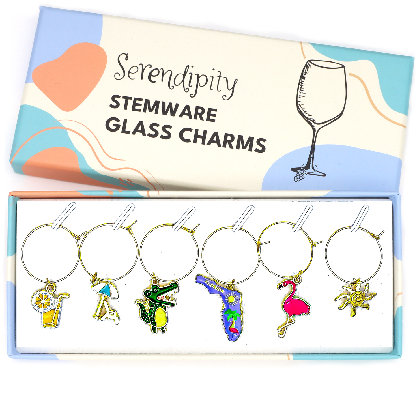 Serendipity Florida Wine Glass Charms Set Stemware Charms for Beach Lovers, Sunshine Seekers, and Proud Florida Hosts