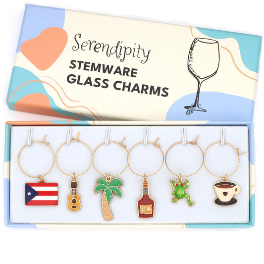 Puerto Rico Wine Charms, Boricuas Gift, Set of 6 Include: Guitar, Coqui Frog, Puerto Rico Flag, Rum, Palm Tree and Coffe