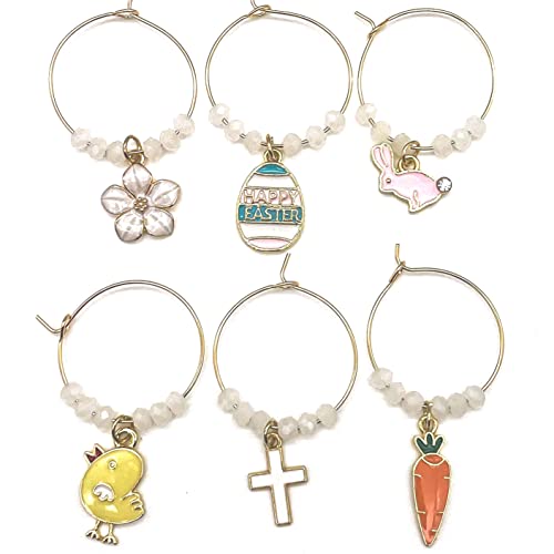 A set of Easter Wine Glass Charms featuring Bunny, Egg, Cross, Carrot, Chick, and Daisy on a white surface.
