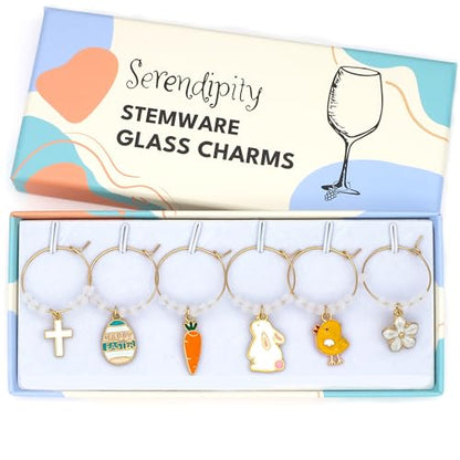 A set of Easter Wine Glass Charms featuring Bunny, Egg, Cross, Carrot, Chick, and Daisy in the brand's package.