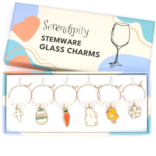 A set of Easter Wine Glass Charms featuring Bunny, Egg, Cross, Carrot, Chick, and Daisy in the brand's package.