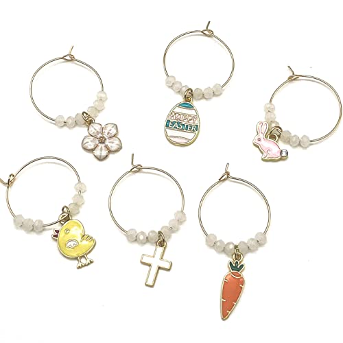 A set of Easter Wine Glass Charms featuring Bunny, Egg, Cross, Carrot, Chick, and Daisy on a white surface.