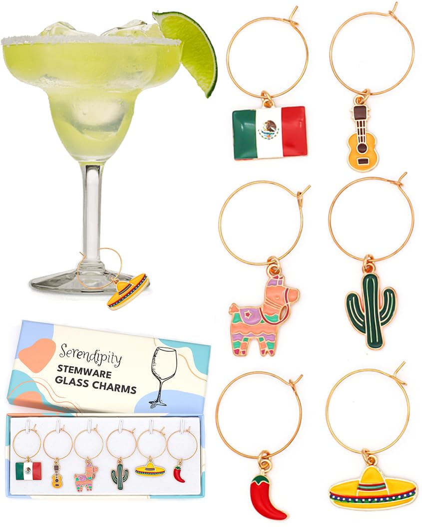A set of Mexico Wine Charms featuring Piñata, Mexican Flag, Chili Pepper, Cactus, Guitar, and Sombrero on the white surface.