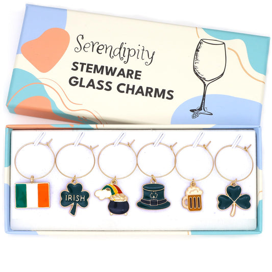 Irish Wine Charms set with Ireland Flag, Leprechaun Hat, Shamrock, Irish Shamrock, Beer Mug and Pot of Gold in the Serendipity gift box