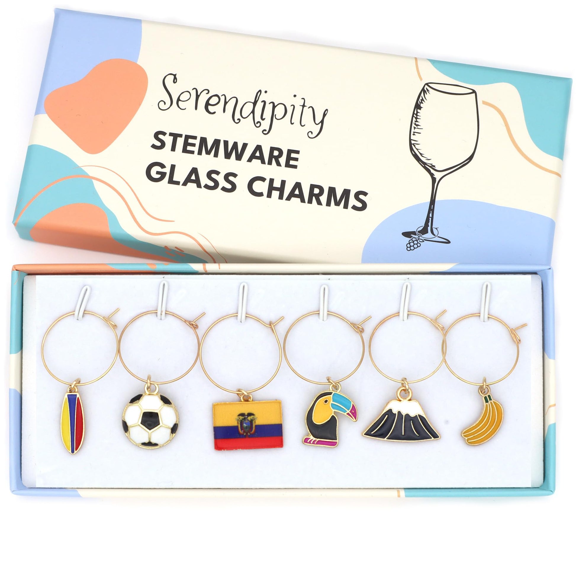 A set of Ecuador Wine Charms featuring flag, bananas, toucans, volcanoes, surfboards, and soccer ball in the brand's package.