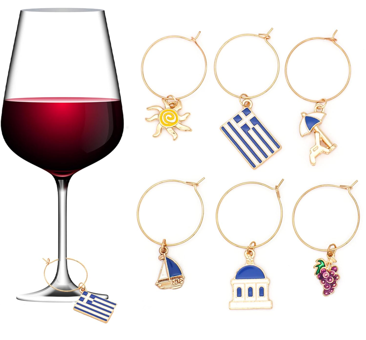 Greek Wine Charms on a white surface.