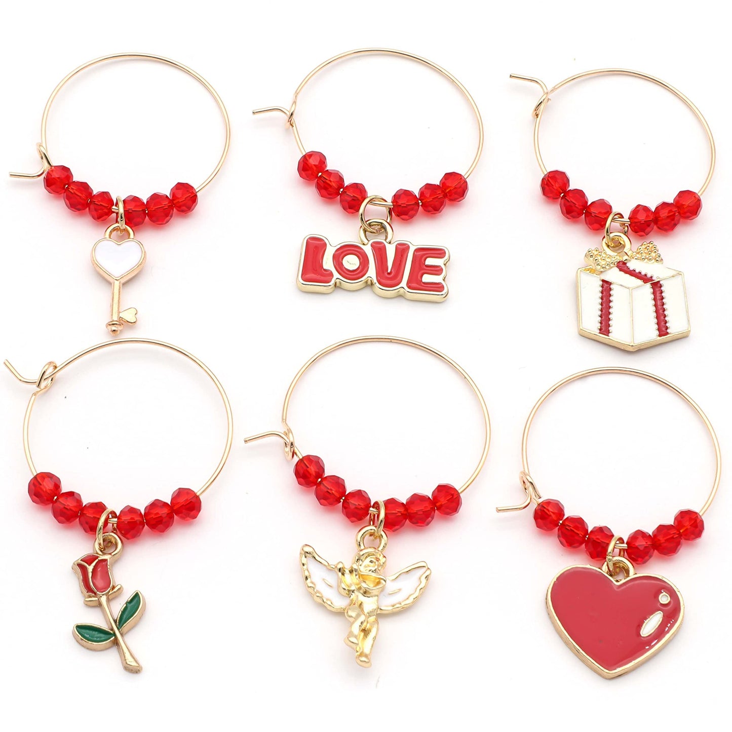 Valentine's Day Wine Charms on a white surface.