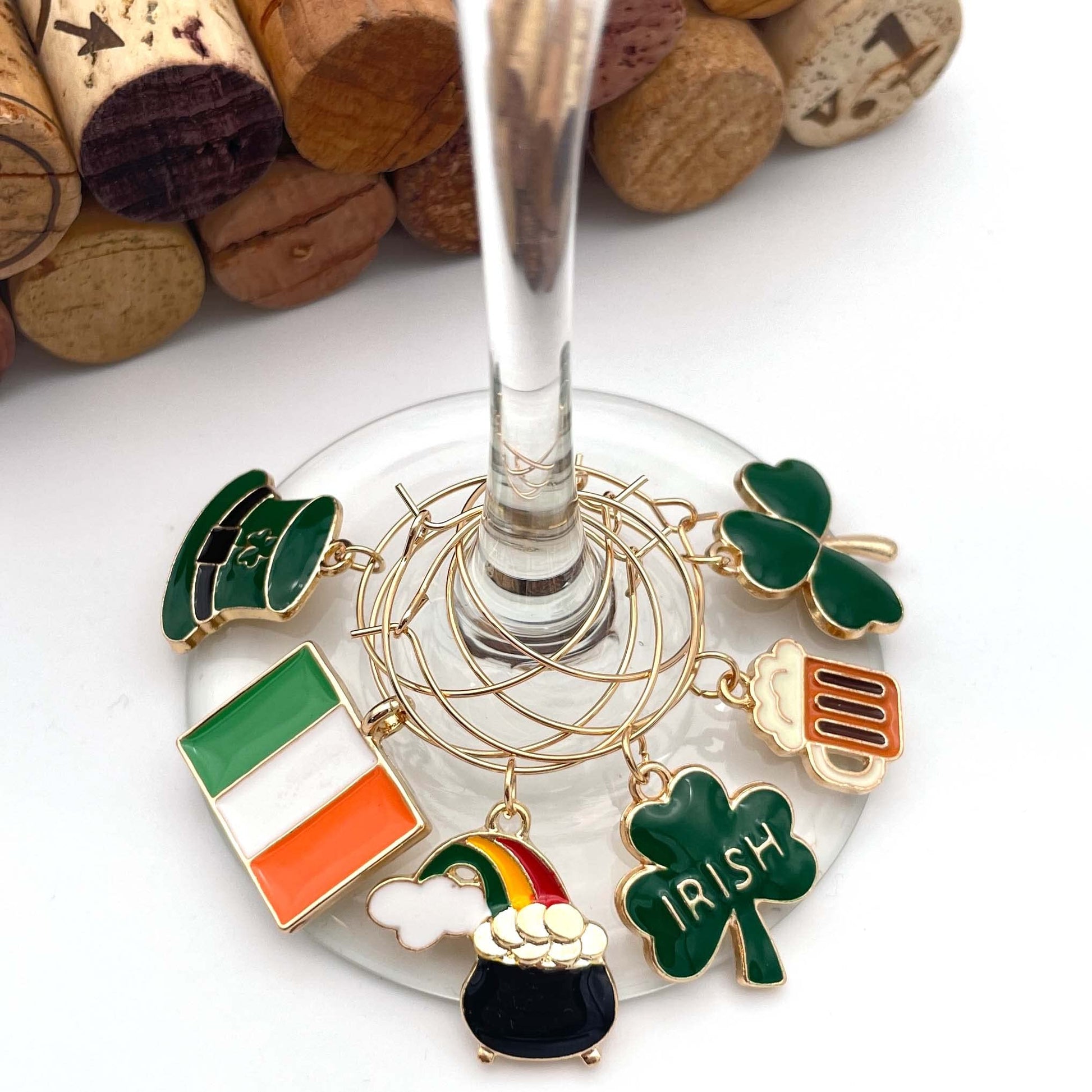 Irish Wine Charms hooked on the glass.