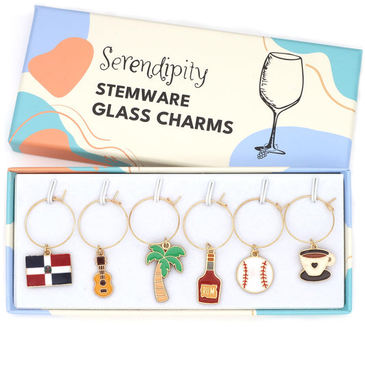 Dominican Republic Wine Charms set with Dominican Flag, Palm Tree, Coffee, Baseball, Rum and Guitar in the Serendipity gift box