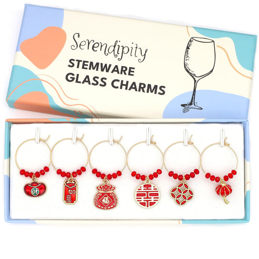 Chinese New Year Wine Charms set with Gold Ingot, Peace and Good Luck, Ruyi, Fu Bag, Double Happiness and Copper Coin in the Serendipity gift box