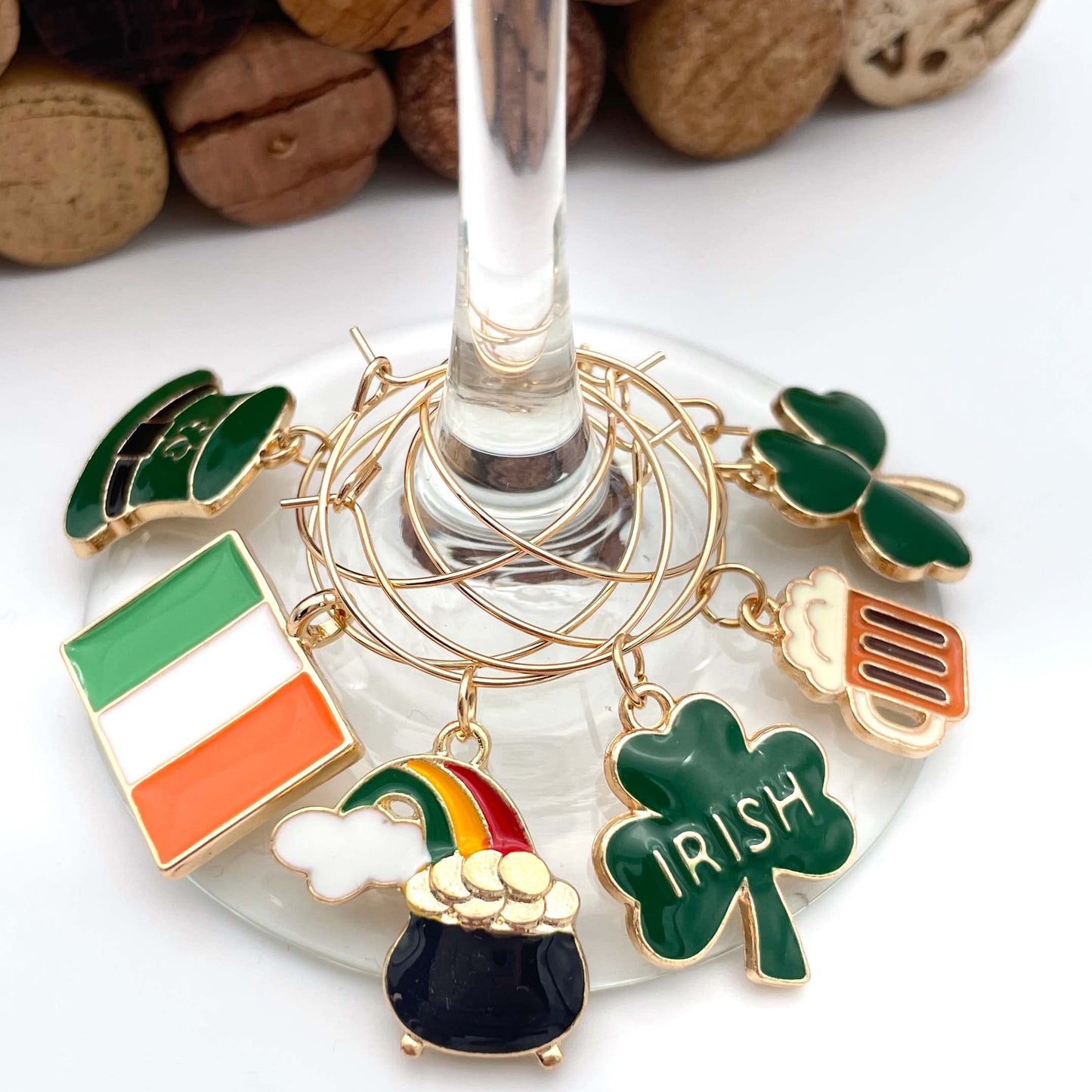 Irish Wine Charms hooked on the glass.