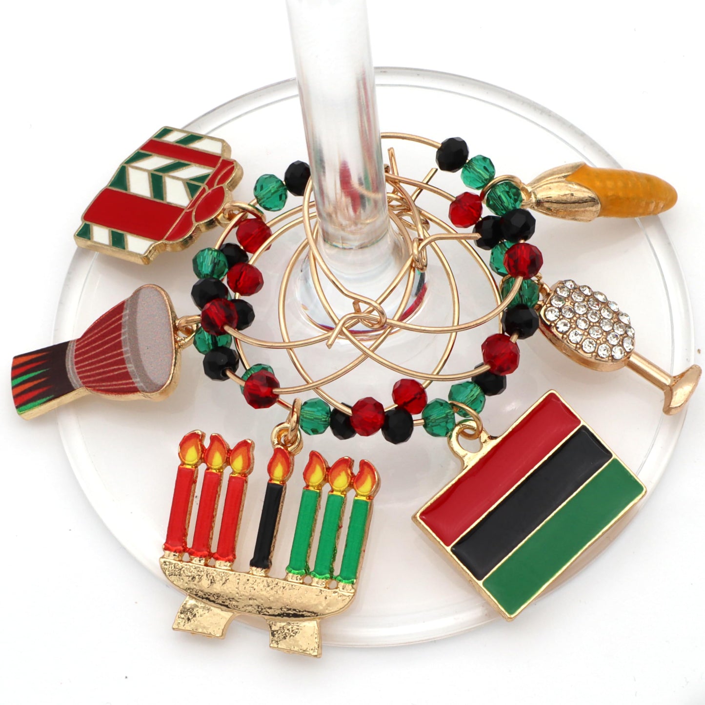 Kwanzaa Wine Charms hooked on the glass