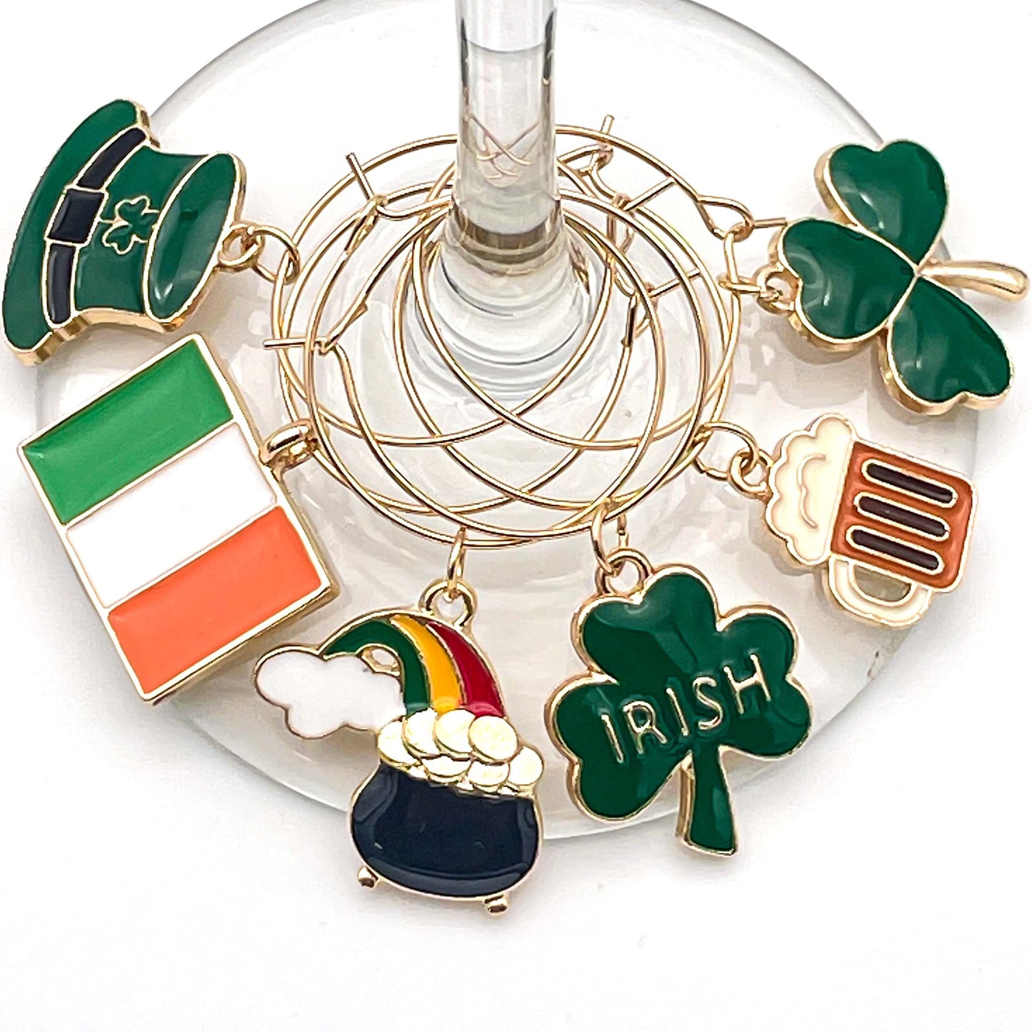 Irish Wine Charms hooked on the glass.