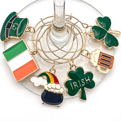 Irish Wine Charms hooked on the glass.