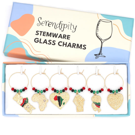 Africa Wine Charms set with Black Power Raised Fist, Map of Africa, Pan-African Heart, Gold Raised Fist, Woman in a Headwrap and BLM Heart in the Serendipity gift box