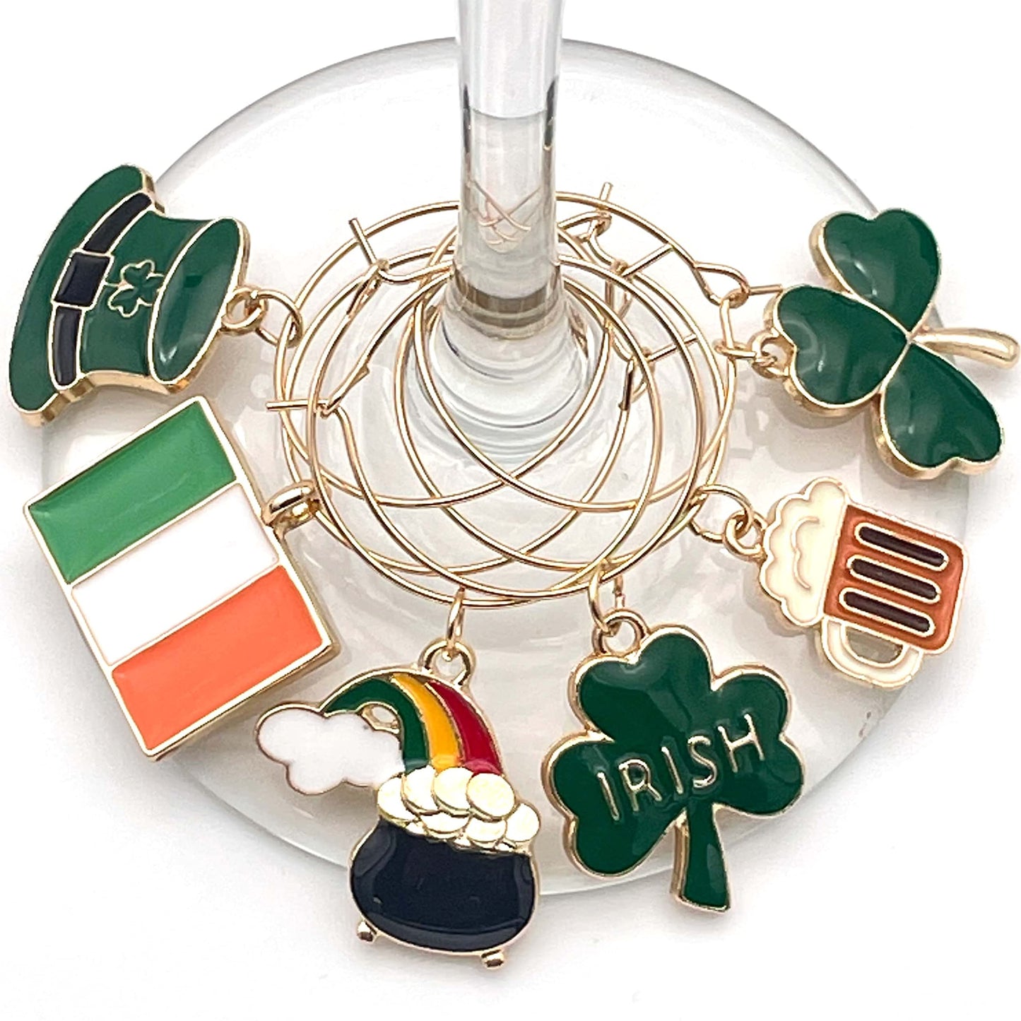 Irish Wine Charms hooked on the glass.