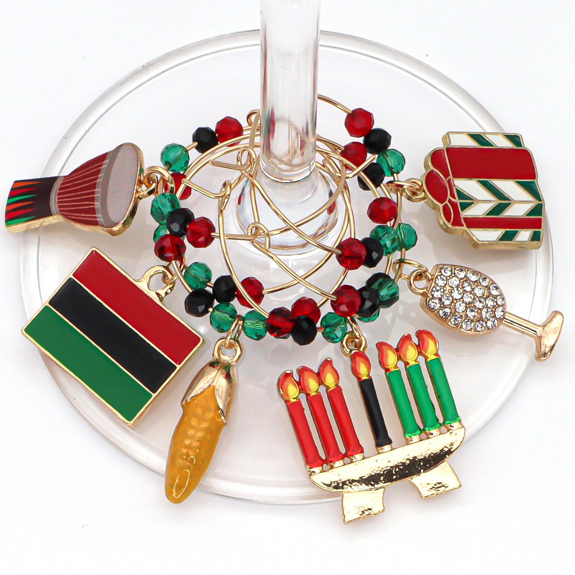 Kwanzaa Wine Charms hooked on the glass