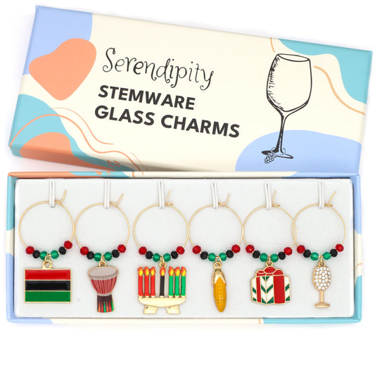 Kwanzaa Wine Charms set with Kinara, Pan-African Flag, Unity Glass, Corn, Drum and Gift in the Serendipity gift box