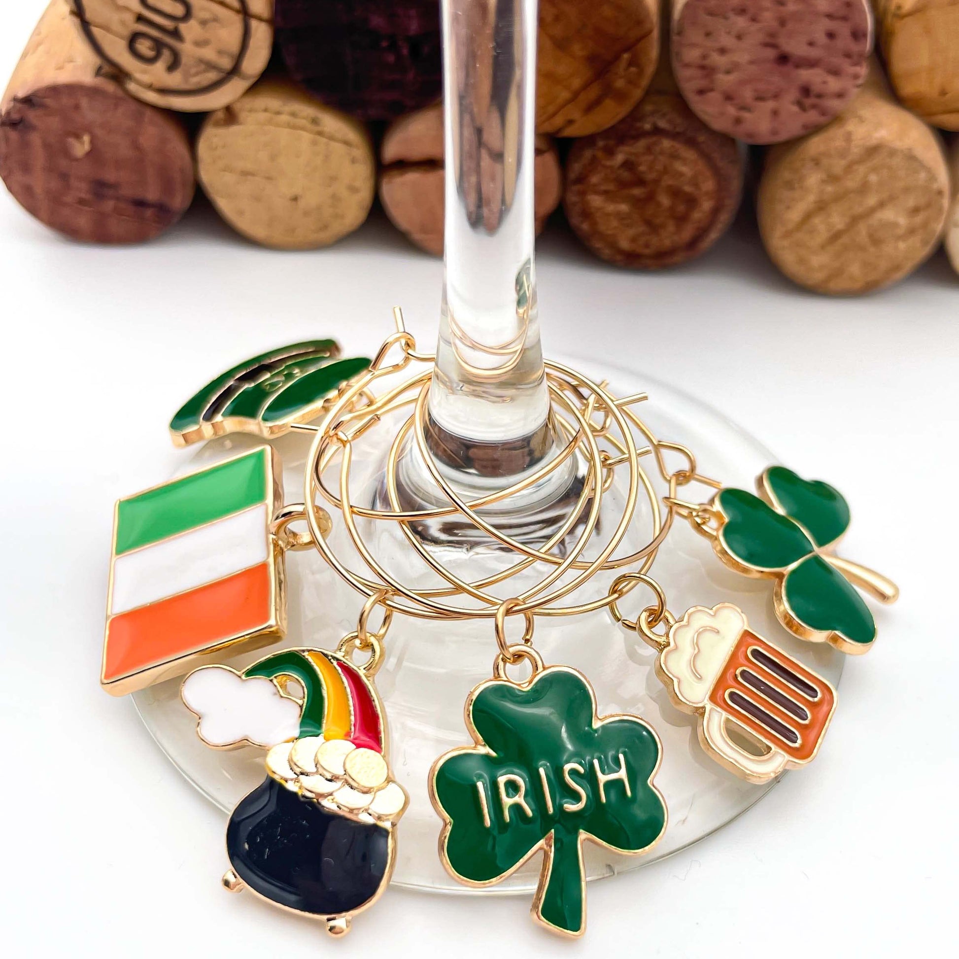 Irish Wine Charms hooked on the glass.