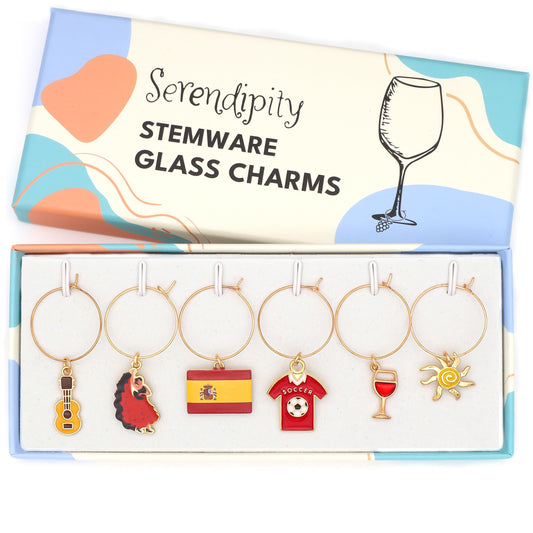 Spain Wine Charms set with Flamenco Dancer, Soccer Ball, Spanish Flag, Wine Glass, Sun and Guitar in the Serendipity gift box